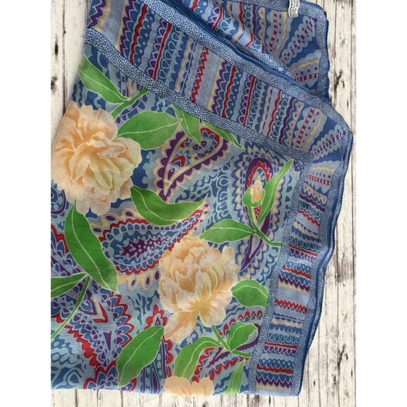Oscar De La Renta Floral Silk Scarf 30"x30” Accessory Street Japan Blue Ivory - Picture 1 of 10